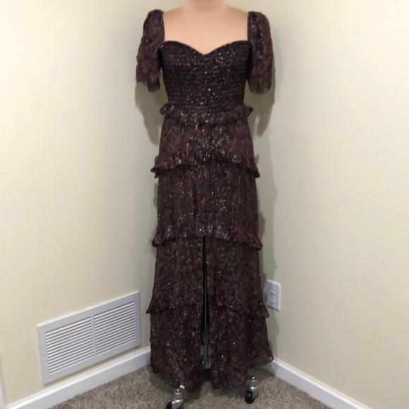Rococo Sand Maxi Dress Size Large Red Black Gold Metallic Floral Ruffle Tiered - Picture 2 of 9